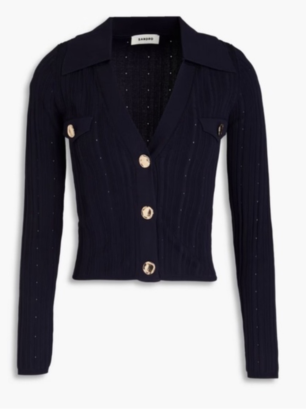 Sandro Cropped Ribbed Pointelle Knit Cardigan XS